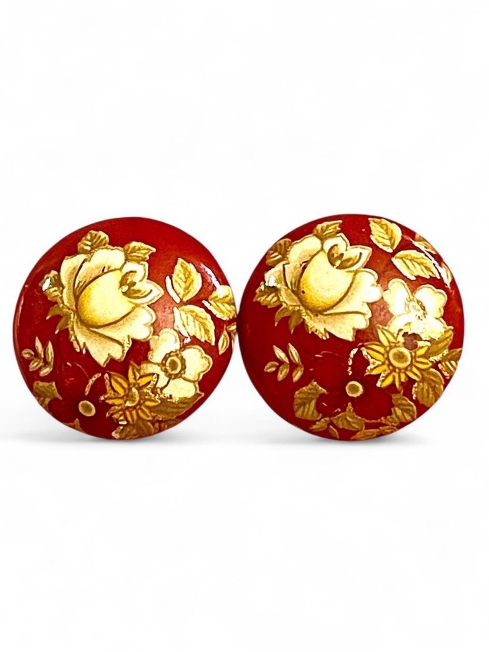 Monet Vintage Red Floral Button Stud Earrings Japanese Tensha Style Ivory Gold